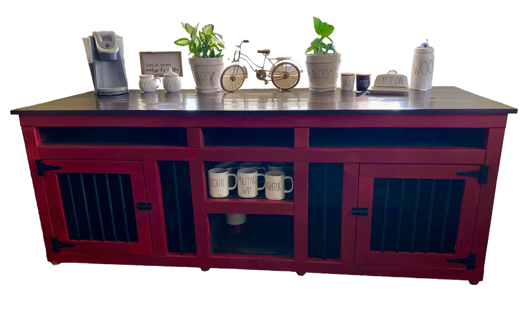 Custom red dog kennel furniture with black bars and a dark wood top
