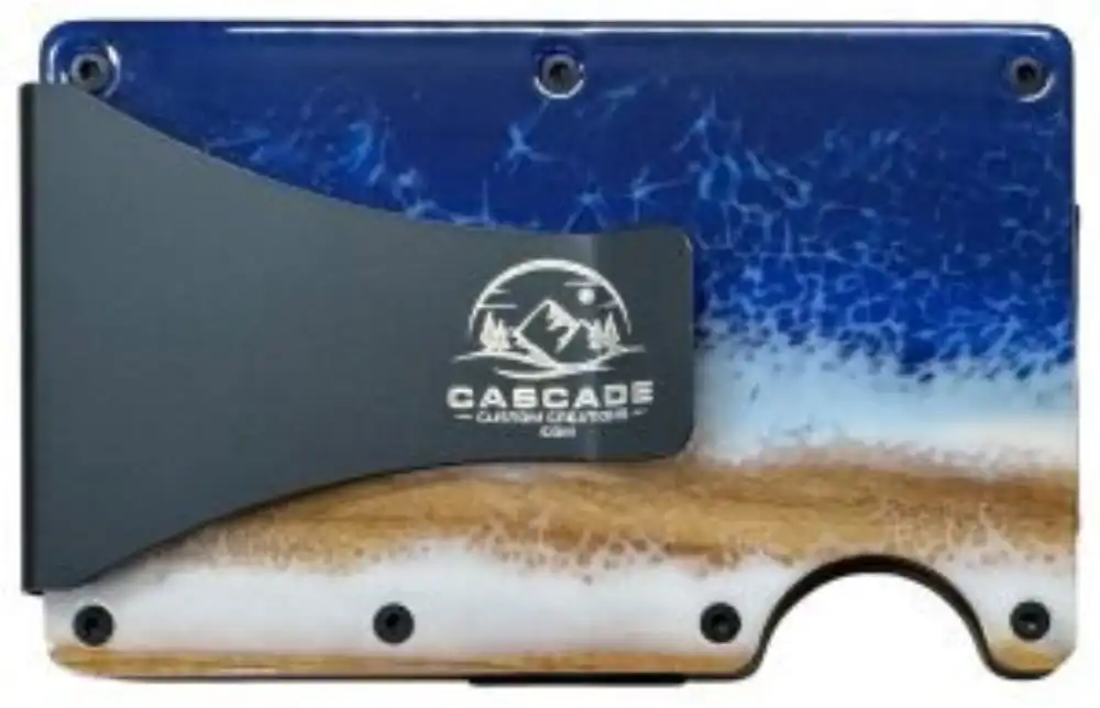 Metal wallet with a wood and dark blue epoxy face