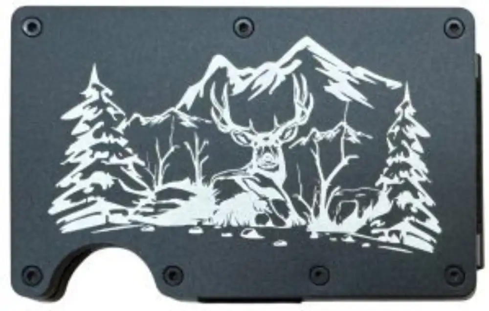 custom design of mountains and deer laser engraved on wallet