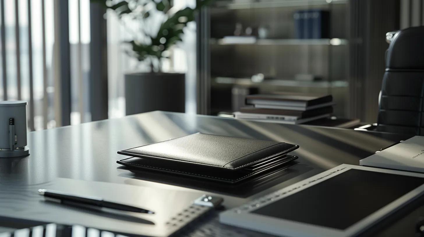 a sleek, modern office setting showcases a robust metal wallet resting prominently on a polished desk, surrounded by travel accessories, symbolizing advanced security and sophistication for frequent travelers.