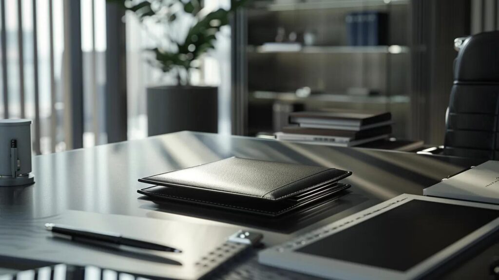 a sleek, modern office setting showcases a robust metal wallet resting prominently on a polished desk, surrounded by travel accessories, symbolizing advanced security and sophistication for frequent travelers.