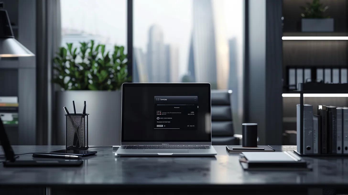 a sleek, modern office workspace features an open laptop displaying a streamlined digital wallet interface alongside a neatly organized minimalist desk, embodying the harmony between digital decluttering and physical pocket organization.