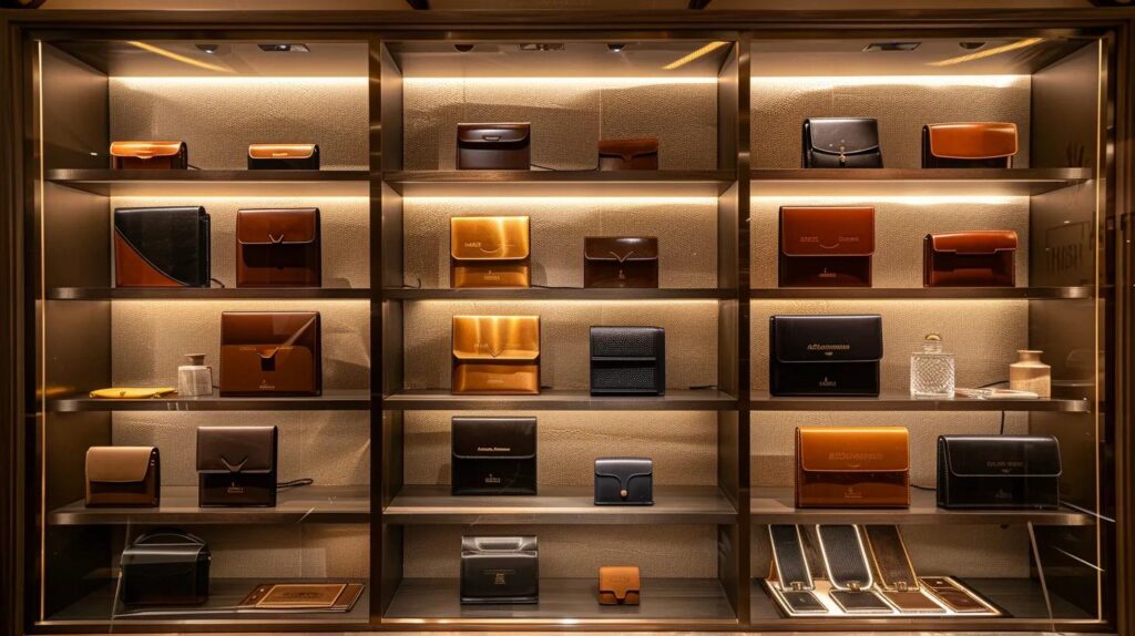 a stylish urban shop interior showcase features an array of high-quality custom engraved metal wallets displayed elegantly on sleek glass shelves, highlighting their intricate designs and craftsmanship under warm, inviting lighting.