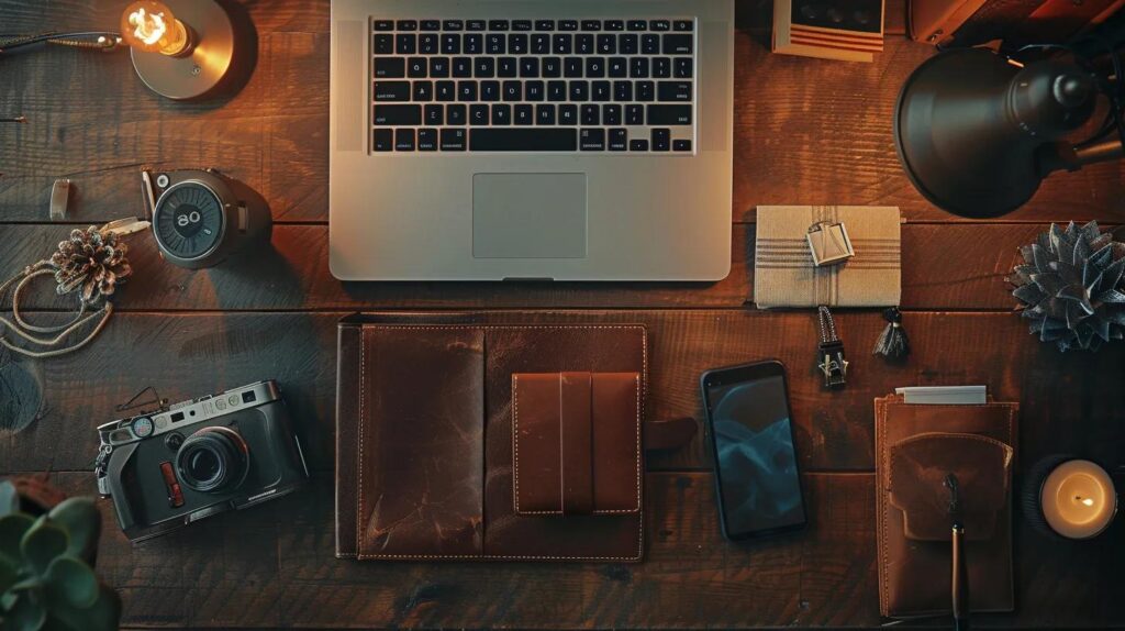 an elegant metal wallet showcased prominently on a sleek, modern office desk, surrounded by travel accessories and minimalist decor, emphasizing functionality and style for the discerning traveler.