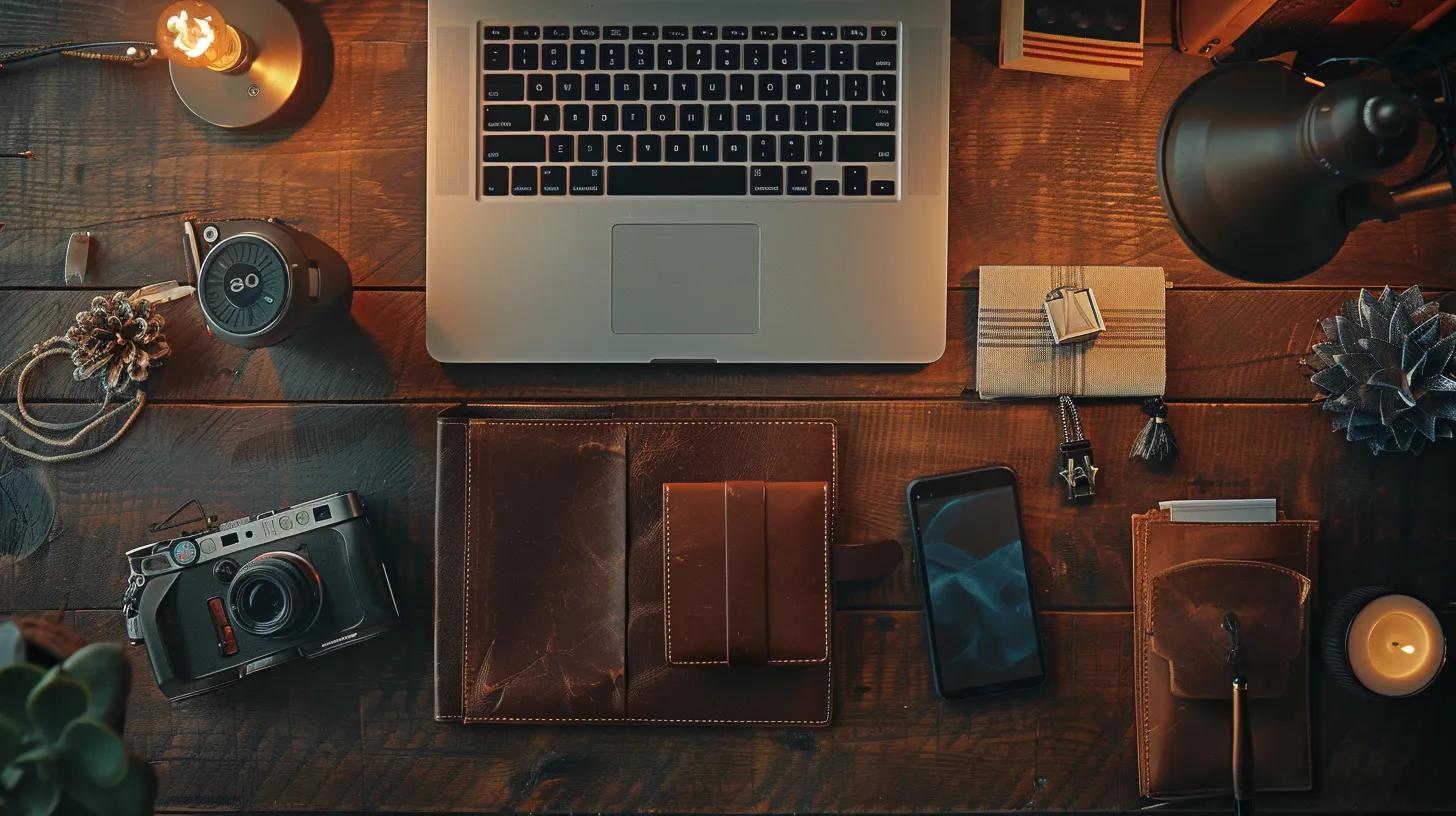 an elegant metal wallet showcased prominently on a sleek, modern office desk, surrounded by travel accessories and minimalist decor, emphasizing functionality and style for the discerning traveler.