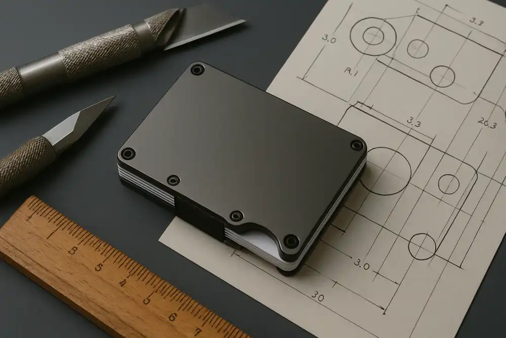 metal wallet over blue prints