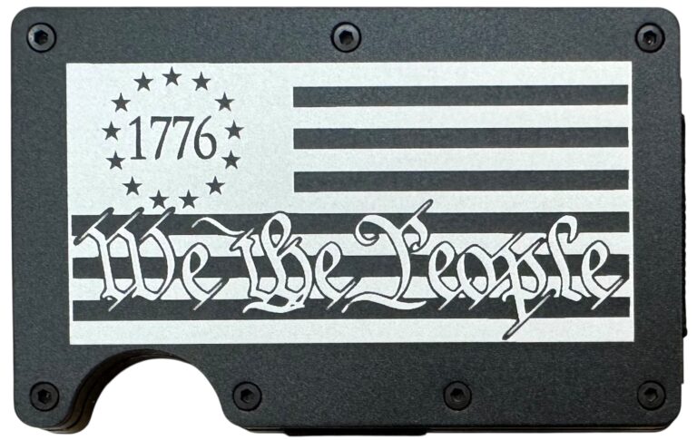 Black laser engraved metal wallet with a Betsy Ross 1776 flag and We The People design