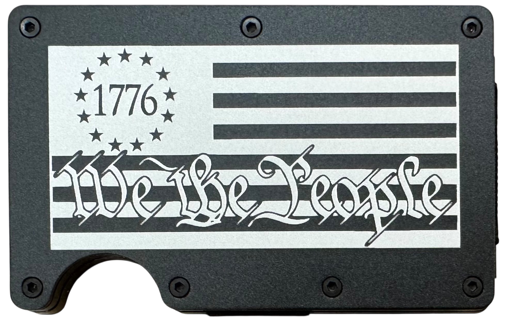 Black laser engraved metal wallet with a Betsy Ross 1776 flag and We The People design