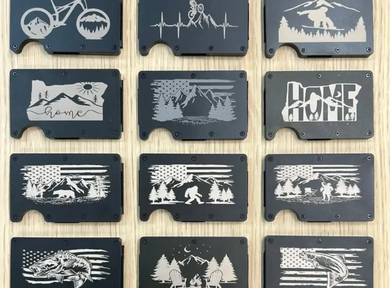 metal wallets laser engraved on wood display