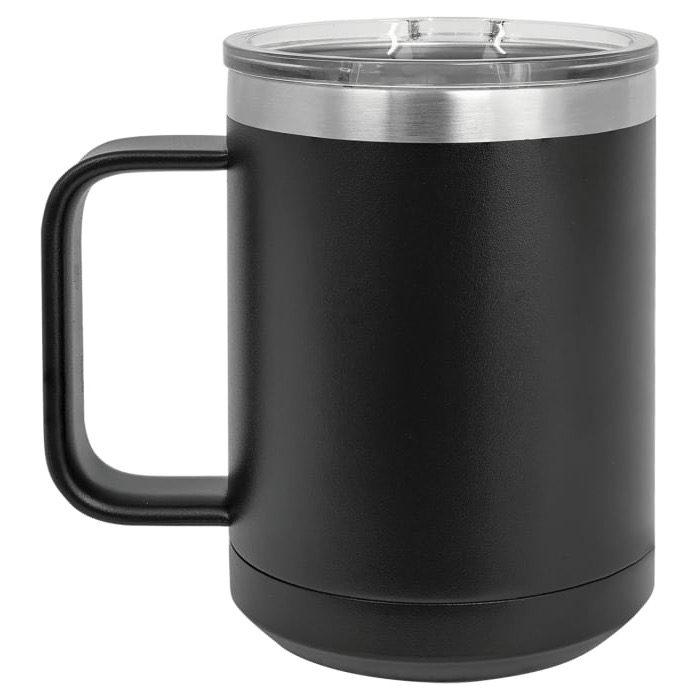 Blank black 15 oz handled mug with slide lid, handle on the left