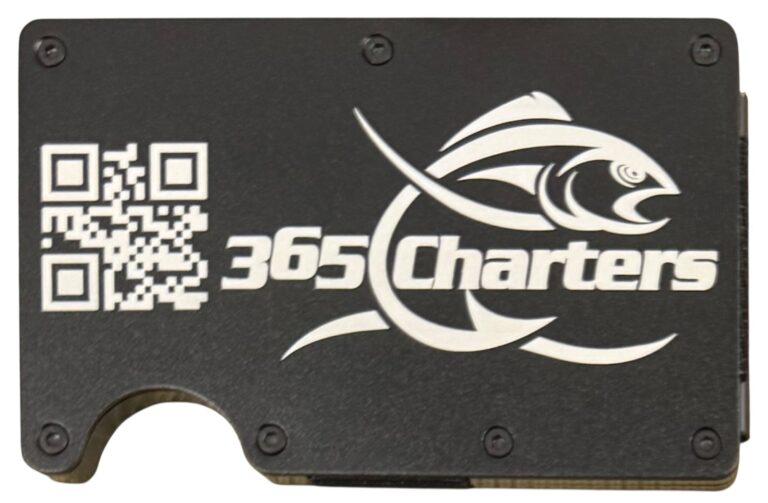 365 Charters logo and QR code laser engraved on a black metal wallet