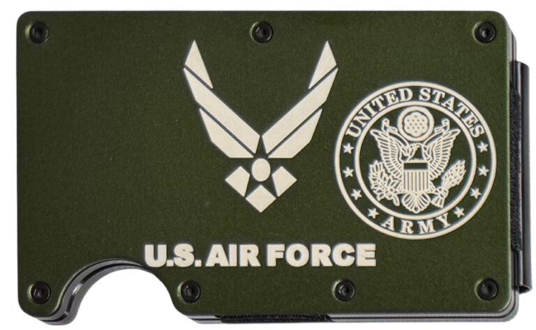 U.S. Air Force and U.S. Army emblems laser engraved on an army green metal wallet
