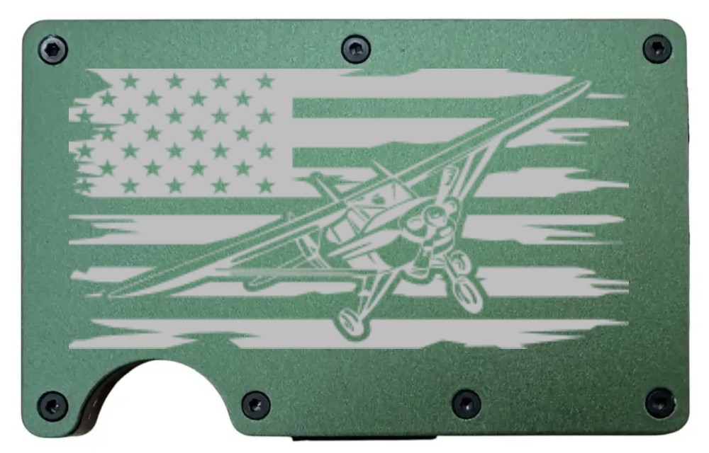 Airplane Flag design laser engraved on a army green aluminum RFID wallet