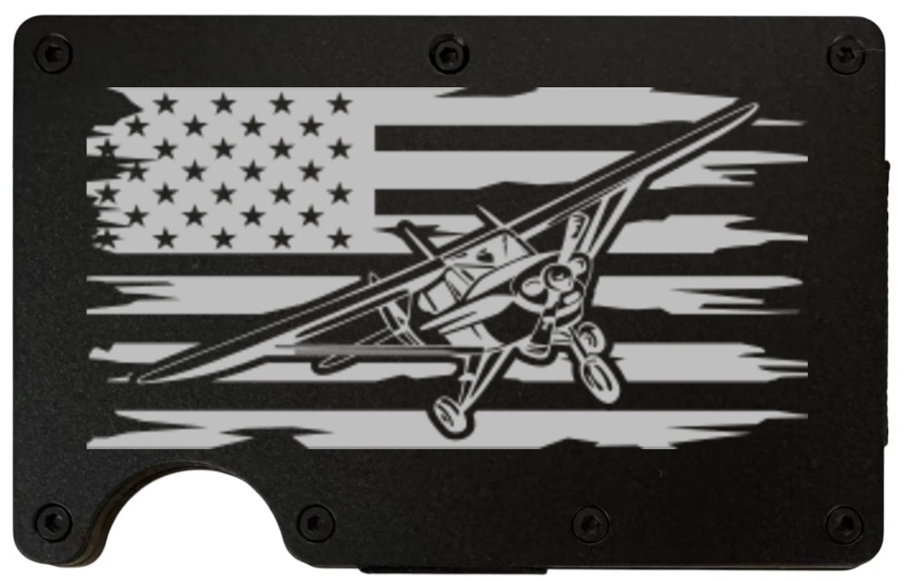 Airplane Flag design laser engraved on a black metal wallet (preview)