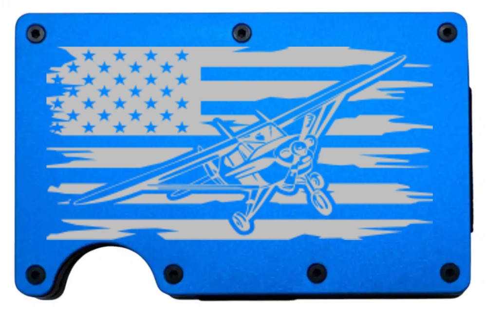 Airplane Flag design laser engraved on a blue metal wallet (preview)