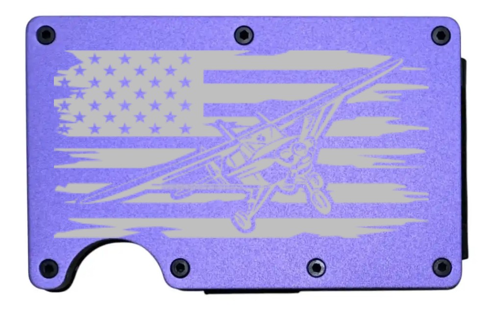 Airplane Flag design laser engraved on a purple aluminum RFID wallet