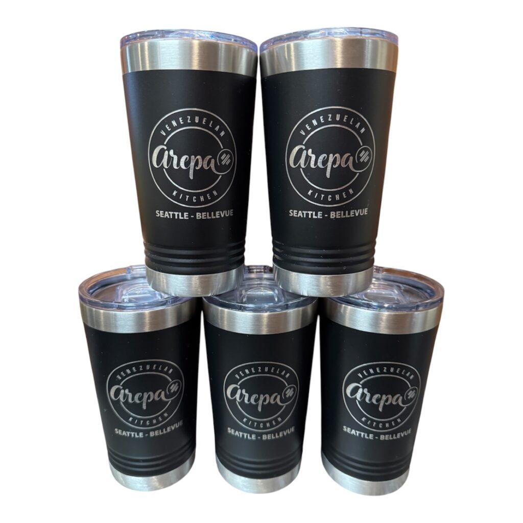 Arepa Venezuelan Kitchen restaurant logo laser engraved on black pint tumblers