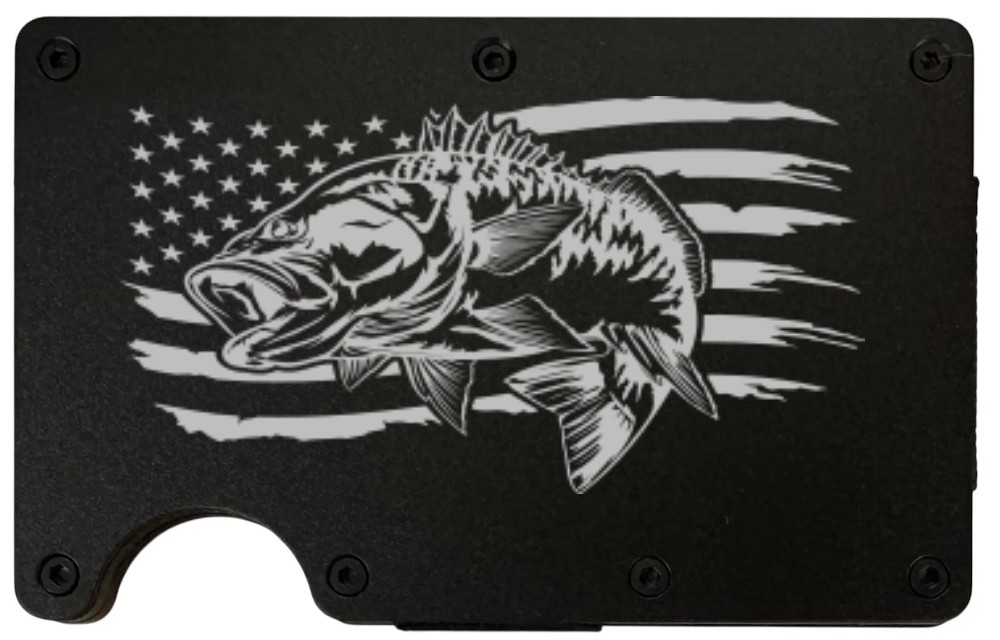 Bass Flag design laser engraved on a black aluminum RFID wallet
