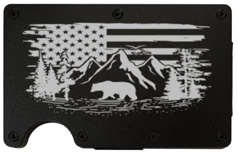 Bear Mountain design laser engraved on a slim black metal wallet (preview)