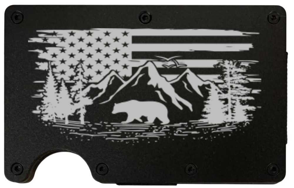 Bear Mountain design laser engraved on a slim black metal wallet (preview)