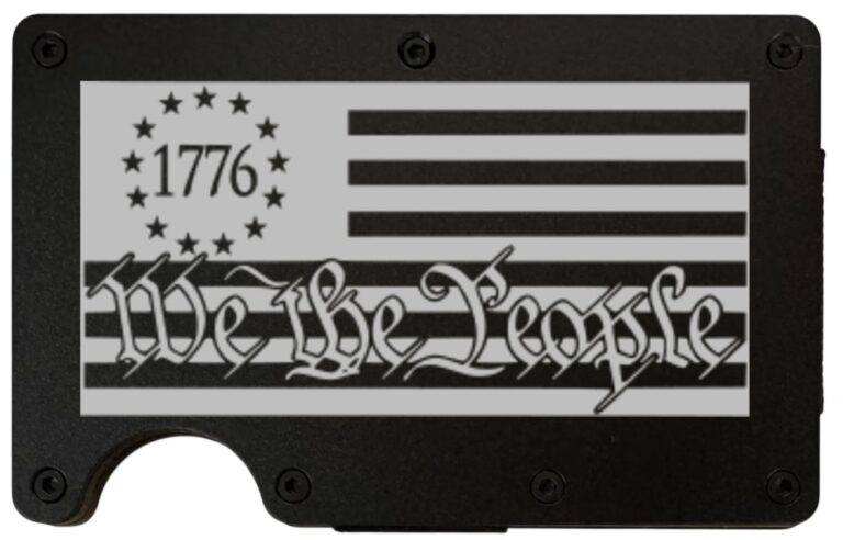 Betsy Ross We The People design laser engraved on a black metal wallet (preview)