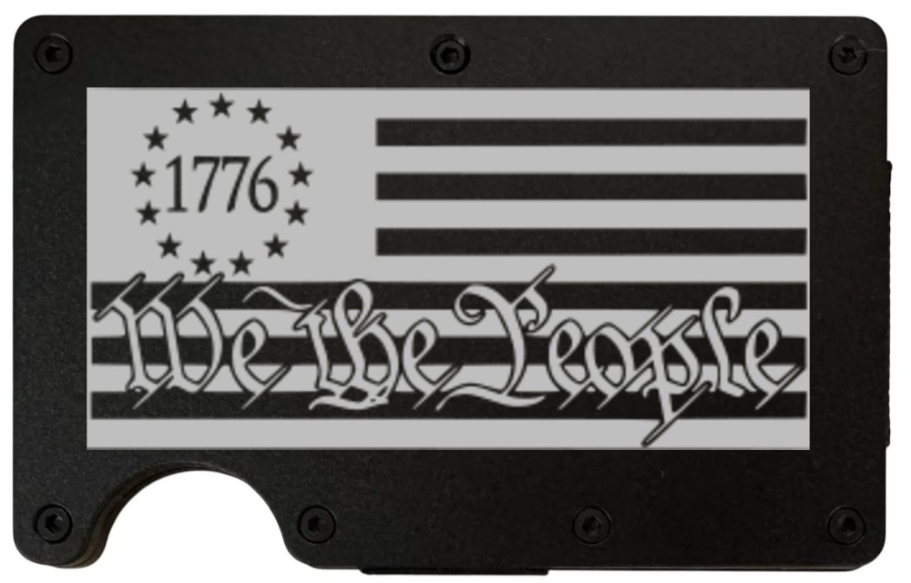 Betsy Ross We The People design laser engraved on a black metal wallet (preview)