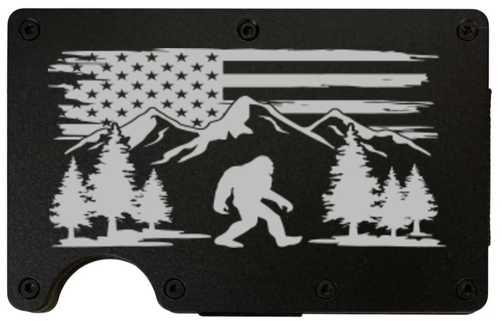 Bigfoot design laser engraved on a black metal wallet (preview)
