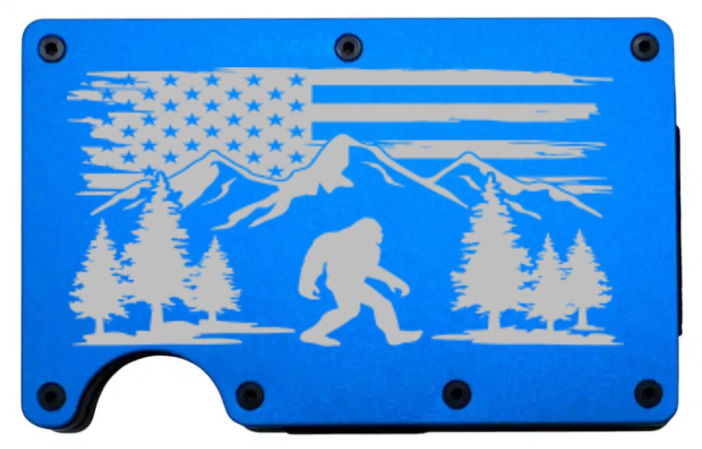 Bigfoot design laser engraved on a blue metal wallet (preview)