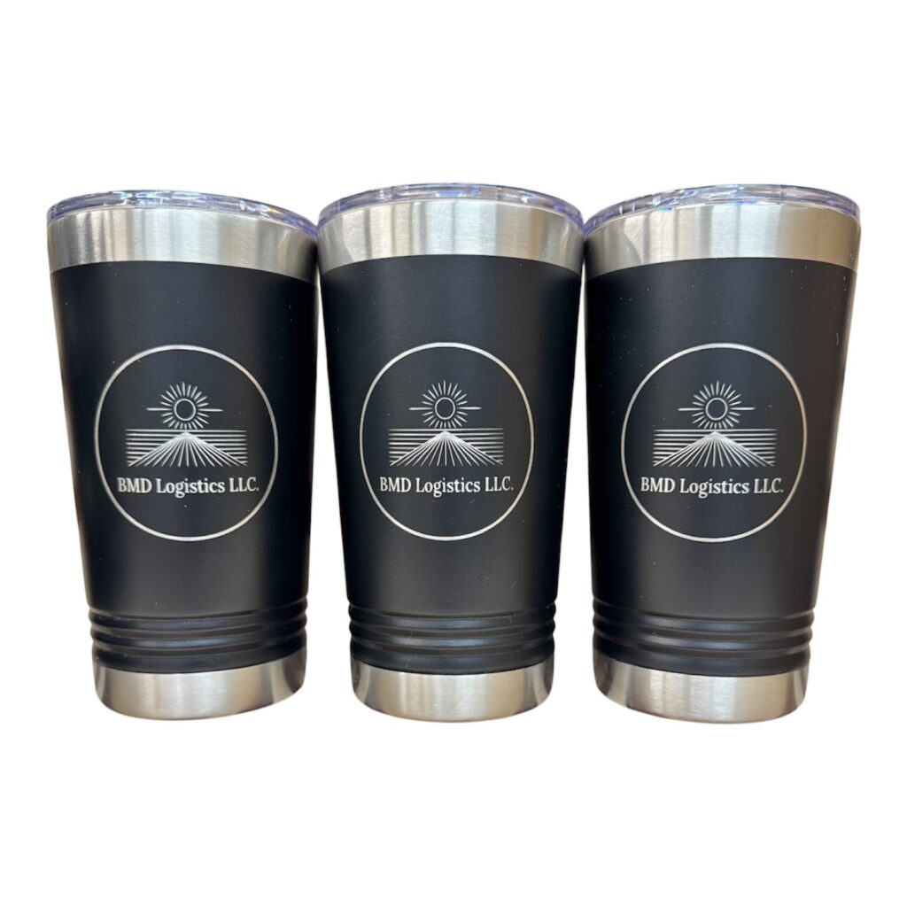 BMD Logistics logo laser engraved on black pint tumblers