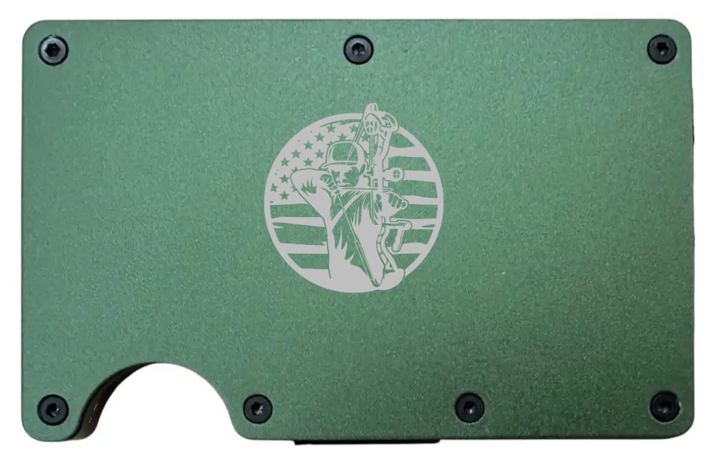 Bow Hunter Circle design laser engraved on a army green metal wallet (preview)