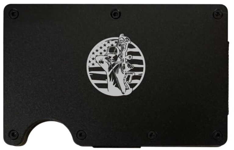 Bow Hunter Circle laser engraved on a black metal wallet
