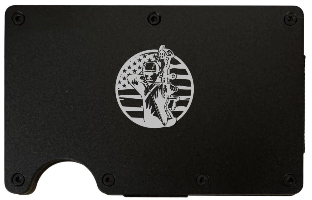 Bow Hunter Circle laser engraved on a black metal wallet