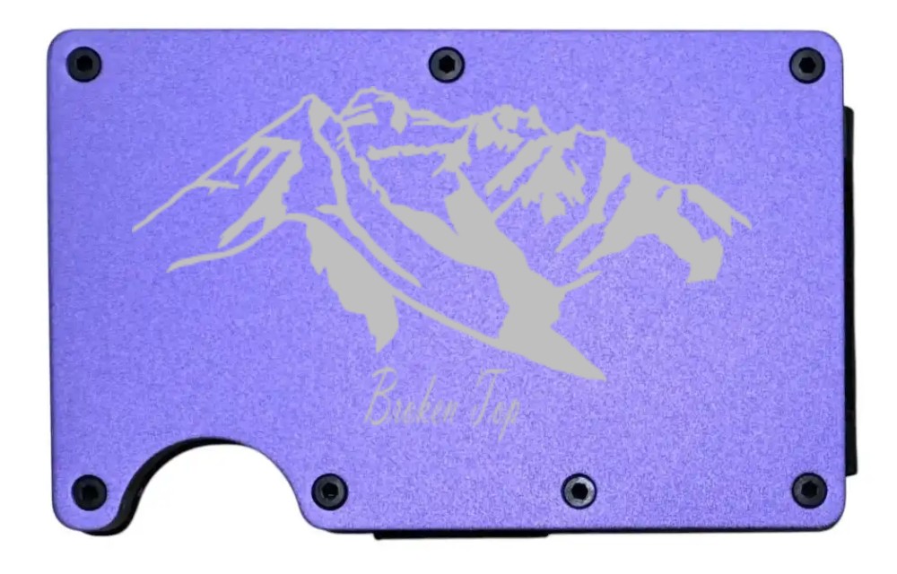 Broken Top Mountain design laser engraved on a purple metal wallet (preview)
