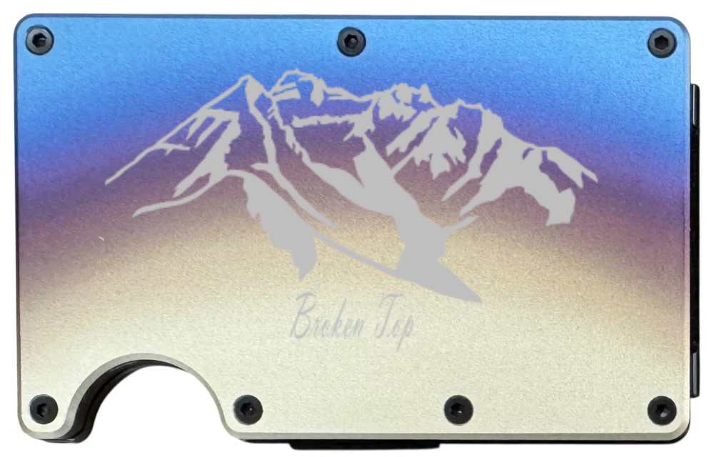 Broken Top Mountain design laser engraved on a titanium finish metal wallet (preview)