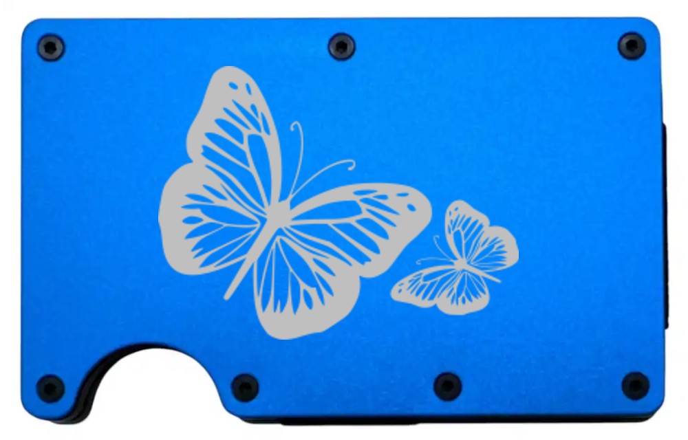 Butterflies design laser engraved on a blue metal wallet (preview)