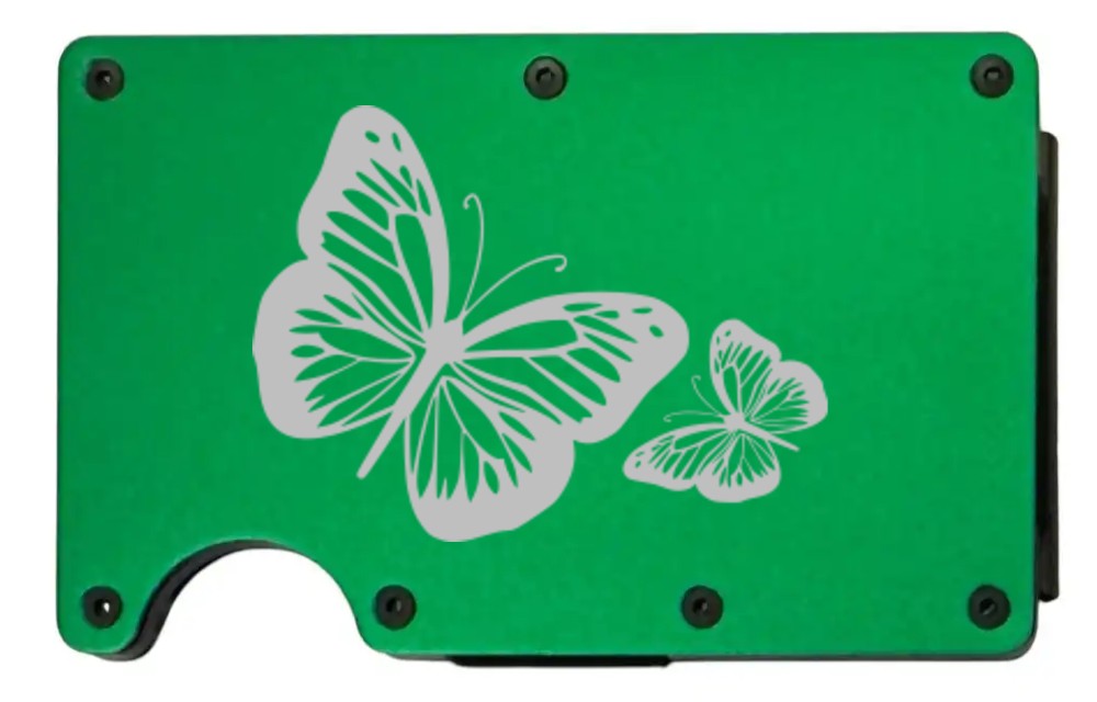 Butterflies design laser engraved on a bright green metal wallet (preview)