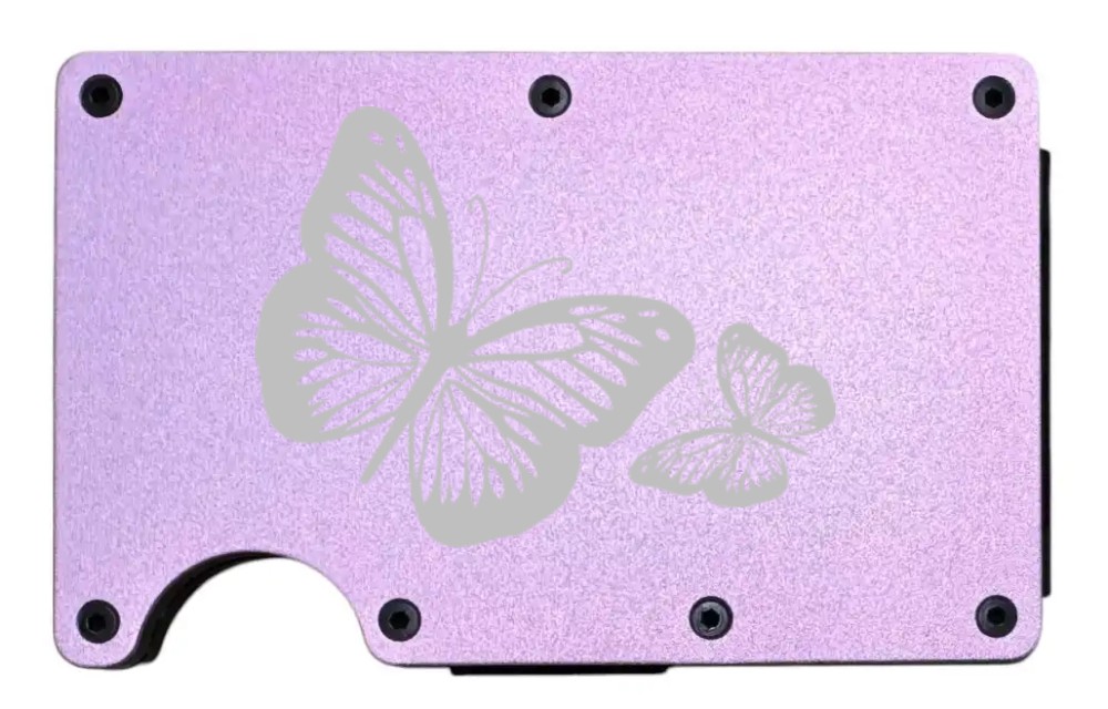 Butterflies laser engraved on a pink metal wallet