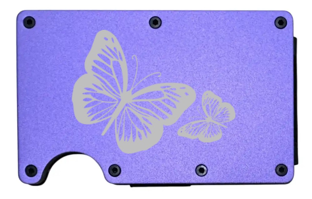 Butterflies design laser engraved on a purple metal wallet (preview)