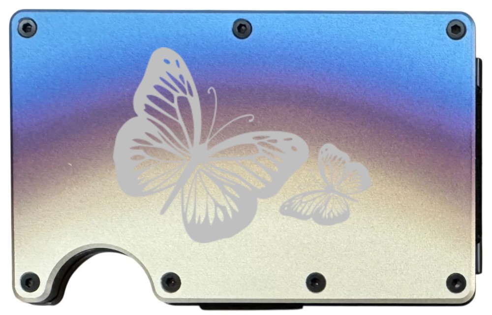 Butterflies design laser engraved on a titanium finish metal wallet (preview)