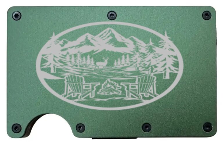 Campfire & Mountains design laser engraved on an army green metal wallet (preview)
