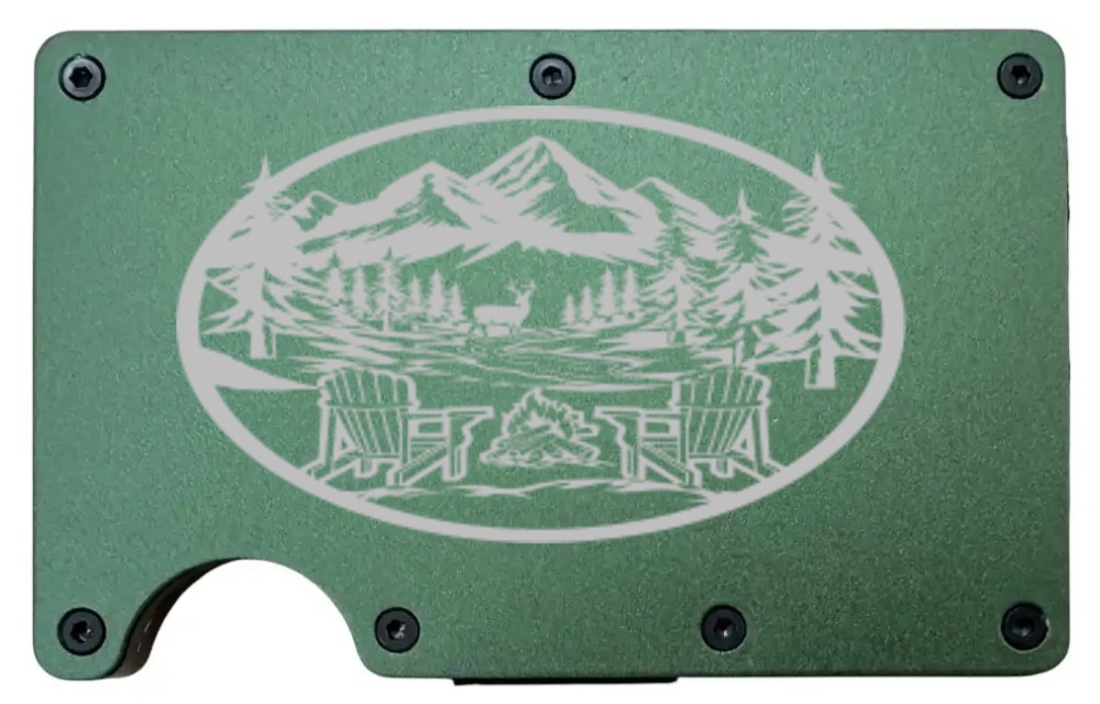 Campfire & Mountains design laser engraved on an army green metal wallet (preview)