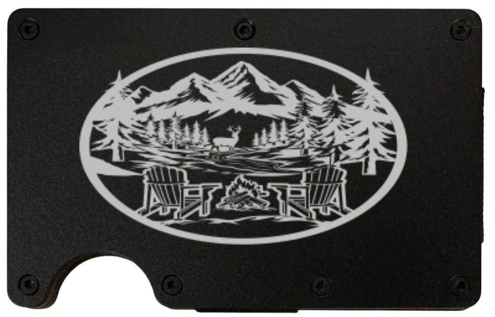 Campfire & Mountains design laser engraved on a black aluminum RFID wallet