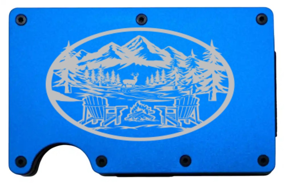Campfire & Mountains design laser engraved on a blue metal wallet (preview)