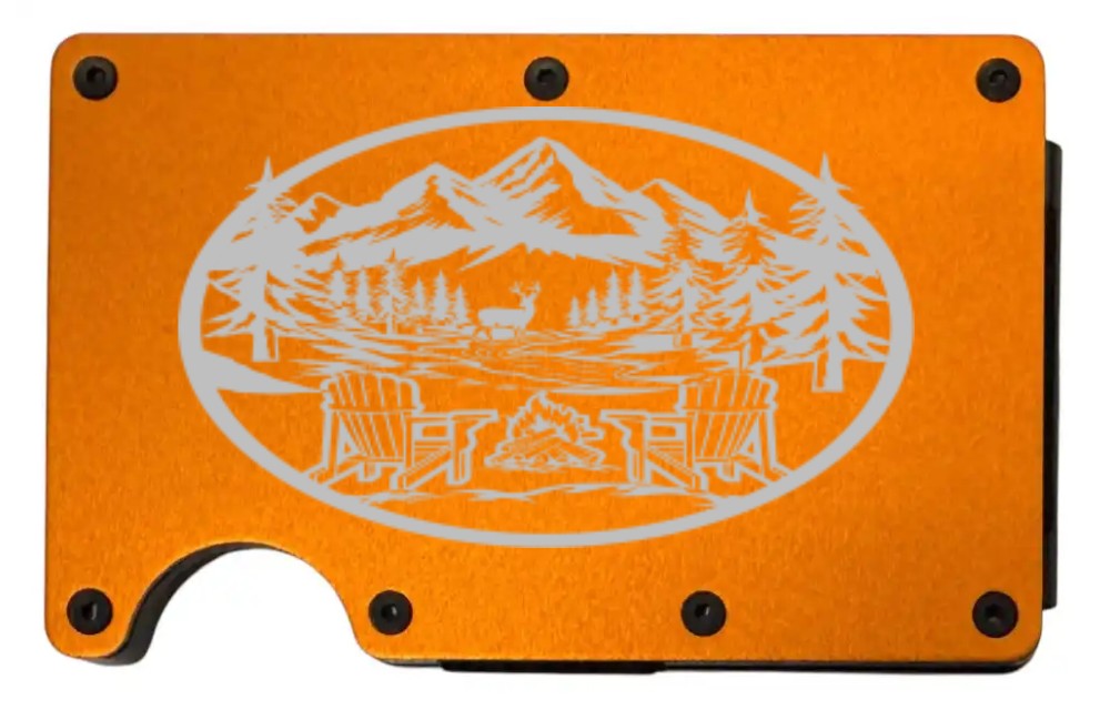 Campfire & Mountains design laser engraved on a orange aluminum RFID wallet