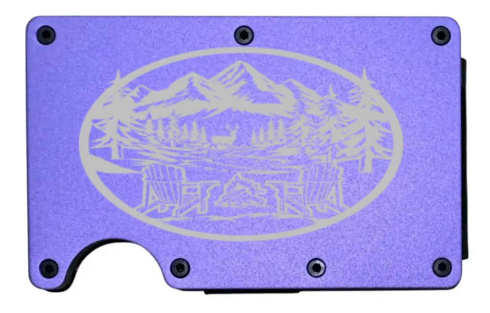 Campfire & Mountains design laser engraved on a purple metal wallet (preview)
