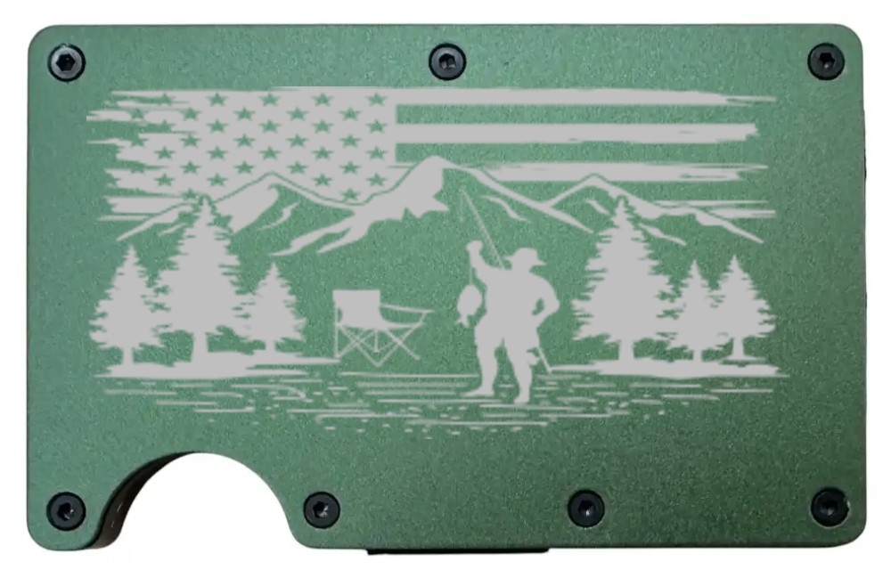 Camping and Fishing design laser engraved on a army green metal wallet (preview)