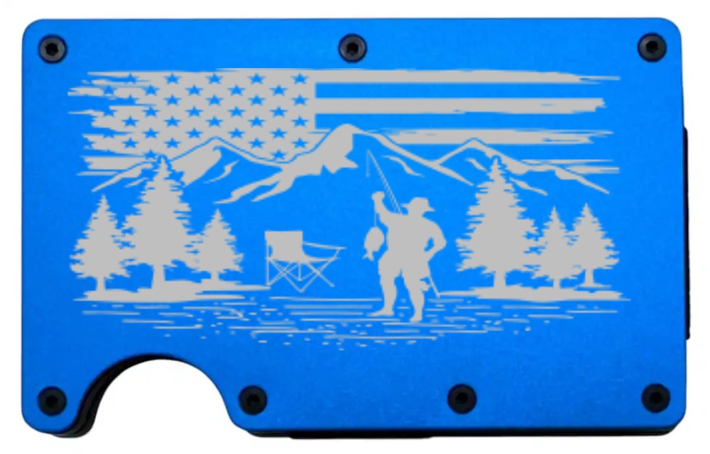 Camping & Fishing design laser engraved on a blue aluminum RFID wallet