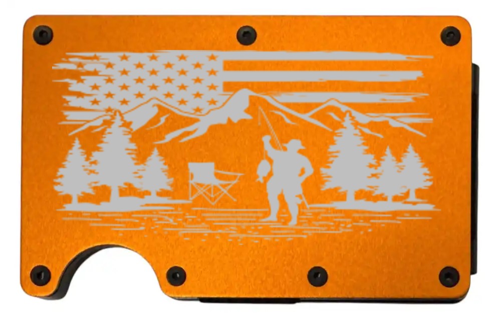 Camping and Fishing design laser engraved on a orange metal wallet (preview)