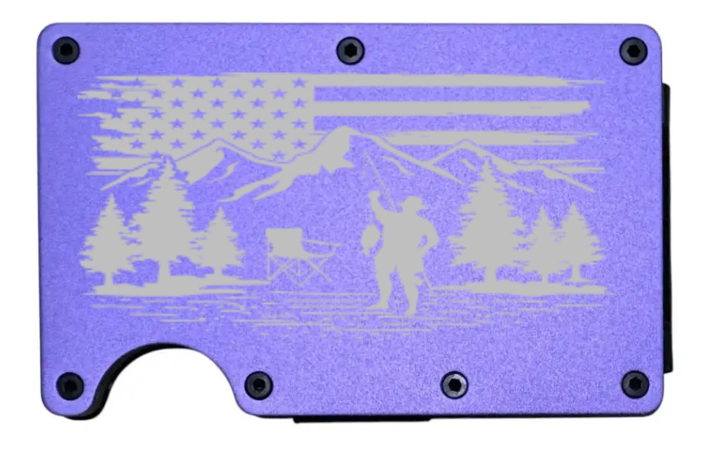 Camping & Fishing design laser engraved on a purple aluminum RFID wallet