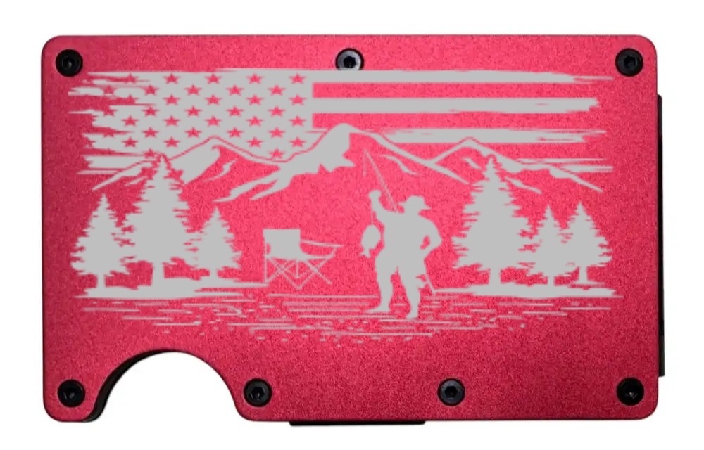 Camping & Fishing design laser engraved on a red aluminum RFID wallet
